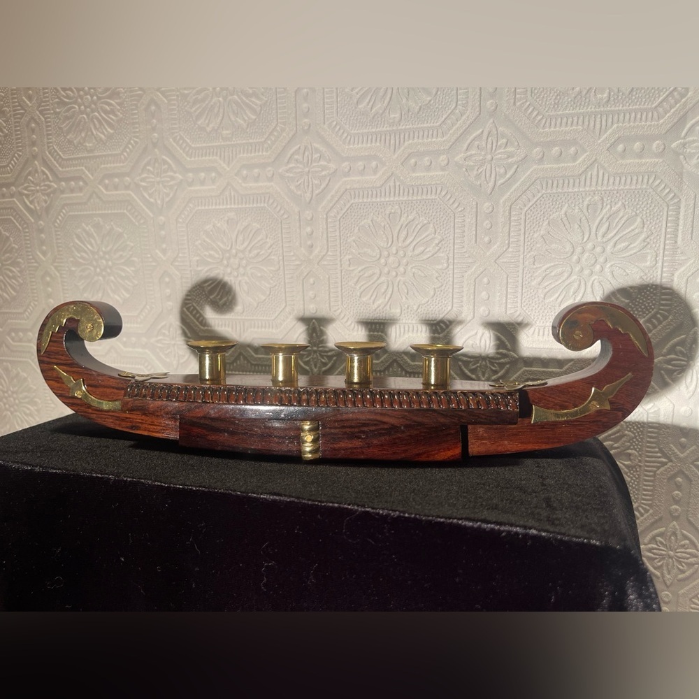 Vintage Kerala Wood & Brass Viking Candelabra Motif Gondola 4 candle holders.